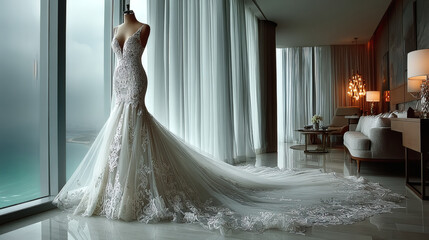 Elegant bridal gown displayed in a luxurious interior setting