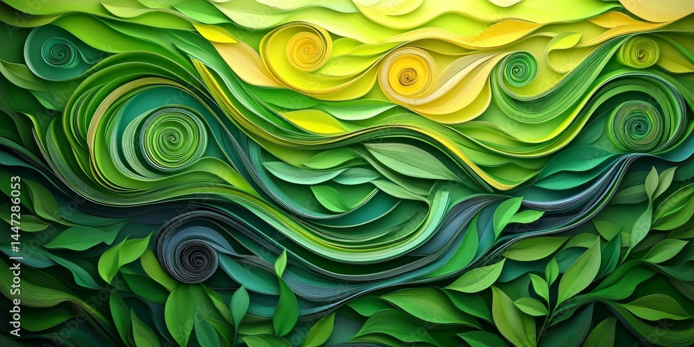 Poster lime and yellow layered paper folds in wavy 3d illustration design on gradient background