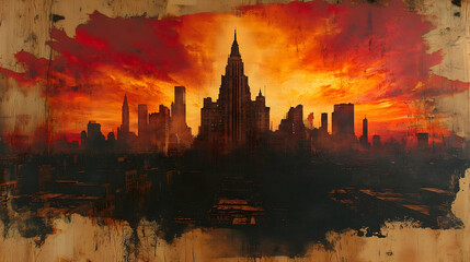 Fototapeta premium A fiery sunset over a dystopian cityscape. Silhouetted skyscrapers against a vibrant orange and red sky, with a rough, textured background