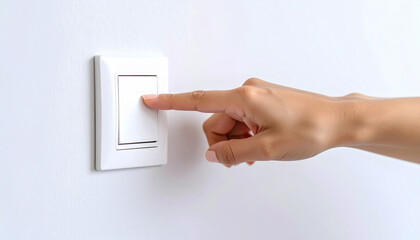 Close up de una mano y un dedo encendiendo o apagando un interruptor de luz para ahorrar energía concepto de ahorro energético, consumo responsable, eficiencia eléctrica y hábitos sostenibles y ahorro