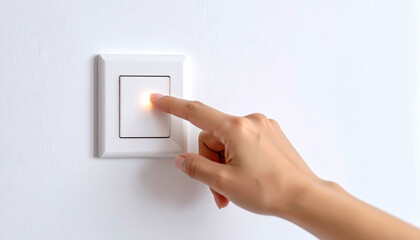 Close up de una mano y un dedo encendiendo o apagando un interruptor de luz para ahorrar energía en una pared blanca