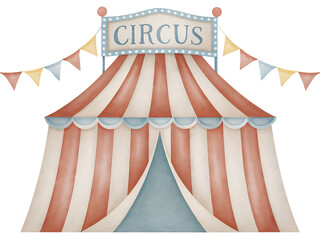 Watercolor illustration of a circus tent with bunting on transparent background. © beyouenked