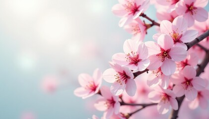 Fototapeta premium Delicate pink sakura blossoms, intricate branches, soft pastel background, illustration, springtime, pink