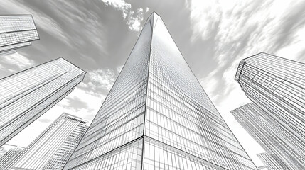 Architectural sketch of a modern city skyline, showcasing a towering skyscraper amidst other high-rise buildings, rendered in grayscale, with detailed windows and lines, against a backdrop