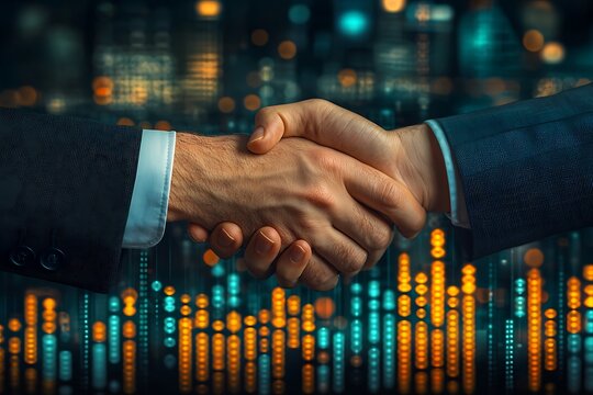 Two businessmen shaking hands, financial data backdrop