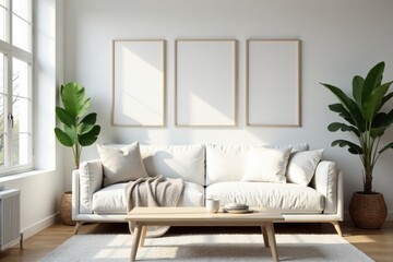 Serene Living Room with Minimalist Decor and Sunlit Ambiance Featuring a Comfortable White Sofa, Wooden Coffee Table, and Stylish Plant Accents