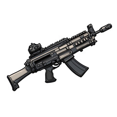 Modern assault rifle displayed on a flat surface, showcasing detailed features and accessories in a studio setting