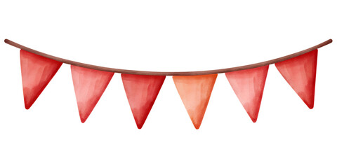 Watercolor illustration of a string of red and orange pennant flags on transparent background.