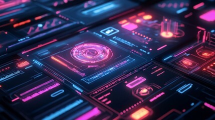 Fototapeta premium Futuristic Technology Interface with Glowing Data Displays and Complex Graphics