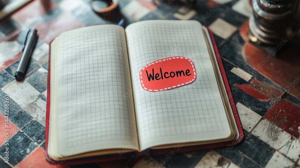 Poster open notebook with welcome note on vintage table, showcasing hospitality and invitation, in warm and