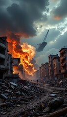 devastated cityscape post apocalyptic scene with fire destruction, cloudy sky, rubble covered ground