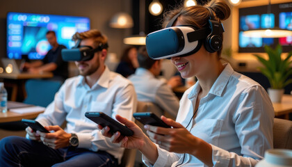 Immersive Reality: Captivating image of two individuals experiencing virtual reality with VR headset and smartphone while in a modern setting.