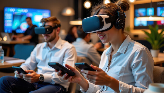Immersive Reality: Captivating image of two individuals experiencing virtual reality with VR headset and smartphone while in a modern setting.