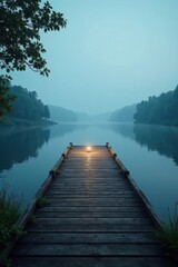 Fototapeta premium Serene Twilight A Wooden Dock Extends Across a Calm Lake, Illuminated by a Gentle Light, Surrounded by Misty Trees at Dusk
