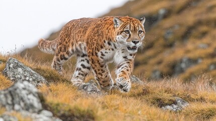 Obraz premium Endangered amur leopard strides purposefully across a hillside its powerful gait evident in its confident movement wildlife predator nature reserve animal