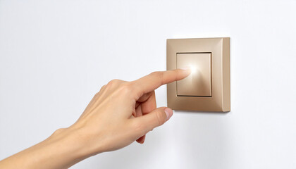 Una mano y un dedo encendiendo o apagando un interruptor de luz para ahorrar energía concepto de ahorro energético, consumo responsable, eficiencia eléctrica y hábitos sostenibles y ahorro energético