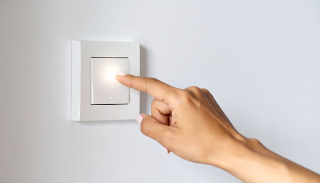 Una mano y un dedo encendiendo o apagando un interruptor de luz para ahorrar energ&iacute;a concepto de ahorro energ&eacute;tico, consumo responsable, eficiencia el&eacute;ctrica y h&aacute;bitos sostenibles y ahorro energ&eacute;tico