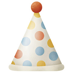 Watercolor polka dot party hat with pom pom on transparent background.
