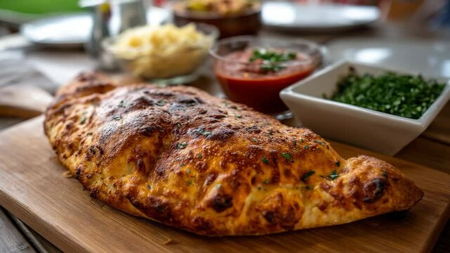 A beautifully baked calzone sits on a wooden board, with vibrant toppings and garnishes beside it, inviting those who appreciate culinary art and home-cooked flavors.