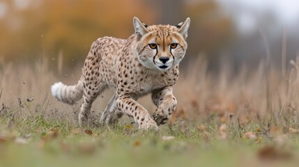 Obraz premium Dynamic cheetah portrait showcasing agility and speed in a natural habitat with blurred background evoking wild nature and pristine ecosystems