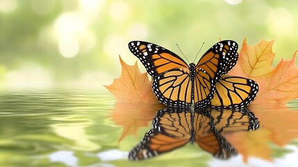 Monarch butterfly on autumn leaves reflection