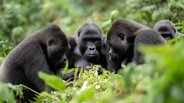 Three majestic gorillas forage together in their lush green habitat, showcasing the beauty of nature, the importance of conservation, and the social dynamics of wildlife.