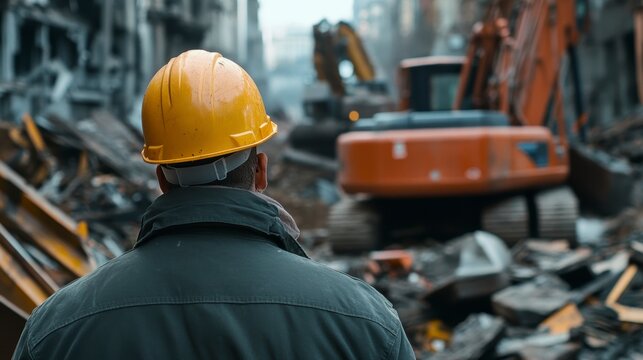 Construction worker in hardhat observing demolition site with heavy machinery.