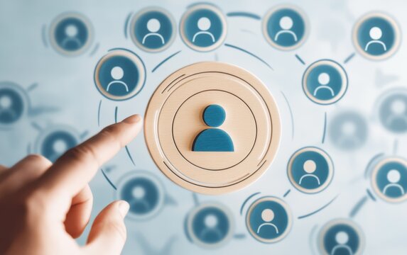 Human connection, a finger points to a central person surrounded by a network of other people