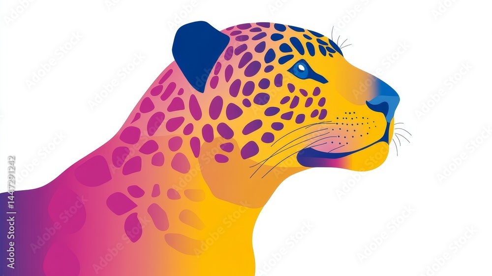 Poster vivid abstract depiction of a jaguar head with colorful gradient and distinctive markings in vector 