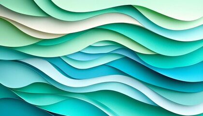Abstract Paper Cut Background, Tranquil Blue and Green Wave Patterns, Layered Design, Modern Art