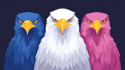 Fototapeta premium Pixelated avians a trio of stylized eagles in bold blue white and pink tones creating an intriguing digital art composition with vibrant colors