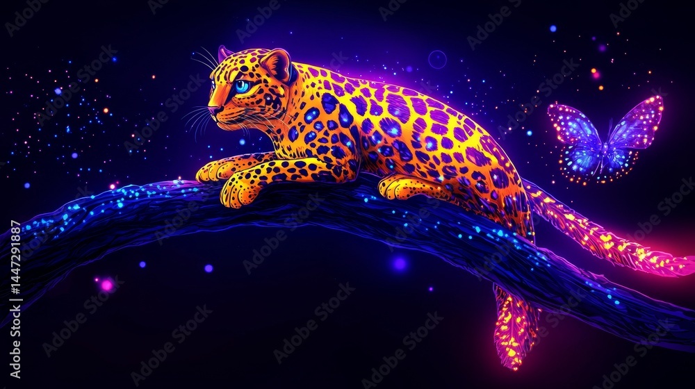Poster digital depiction of a neon spotted leopard in motion accompanied by a luminous butterfly creating a