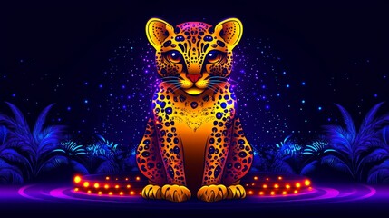 Luminous jaguar cub radiating cosmic energy with digital aesthetic and glowing bokeh lights adding mystique to the composition in dark backdrop