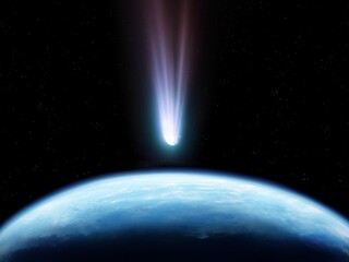Comet is moving towards the Earth. Celestial body is approaching our planet. Dangerous space object.