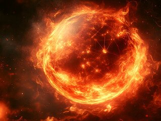 Obraz premium Fiery globe engulfed in flames, network of connections