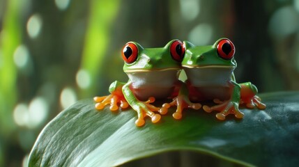 Two Red Eyed Tree Frogs Resting On A Leaf