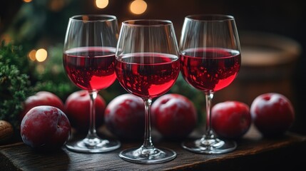 Three Glasses Of Red Wine With Plums
