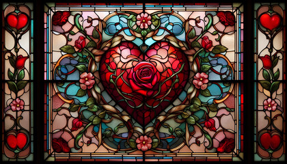 Heart and Rose Design in Stained Glass