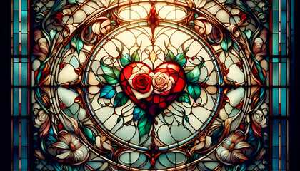 Stained Glass Window with Floral Heart Design
