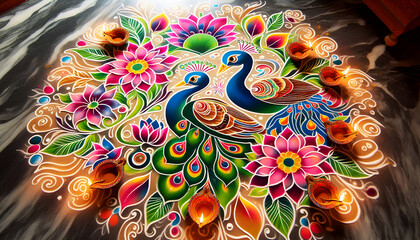 Diwali Celebration with Peacock and Flower Rangoli