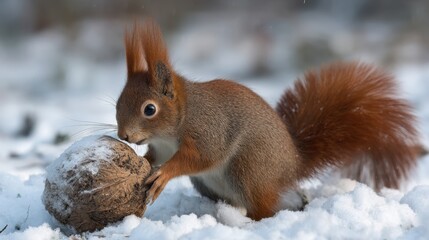 Obraz premium Red Squirrel in Winter Snow with Nut
