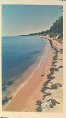 Tranquil beach scene with soft waves lapping at the shore, featuring light beige sand and dark seaweed
