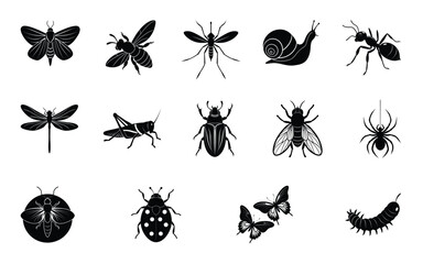set of insects silhouettes vector on white background