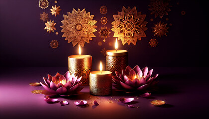 Lotus and Diwali Candles with Soft Glowing Light