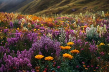 Fototapeta premium Vibrant wildflower meadow bursting with color. A tapestry of wildflowers in various hues of orange, yellow, pink, purple, and white, displaying a beautiful array of shapes and textures. 