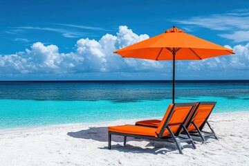 Obraz premium Orange beach chairs under matching umbrella on white sand beach. Ideal for travel ads, vacation promotions, or tropical getaway concepts.