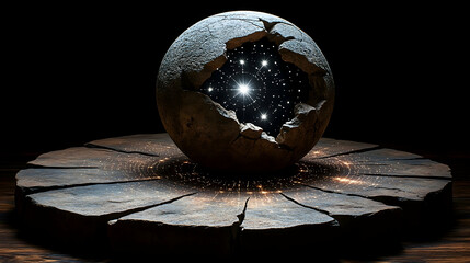 Obraz premium A cracked stone sphere reveals a cosmos within resting on a similarly fractured circular platform Glowing particles e