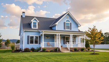 blue house in among white houses for real estate property industry