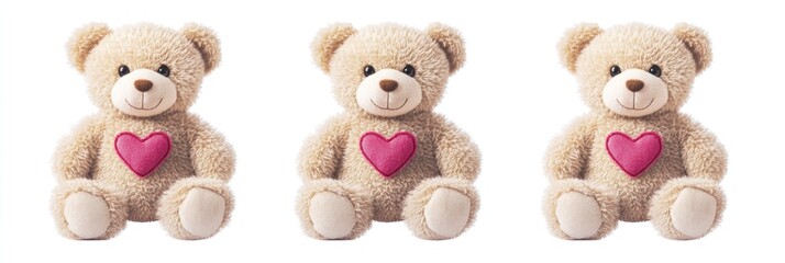 Three Beige Teddy Bears Each With A Pink Heart
