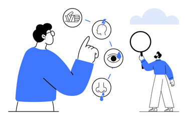 Person gestures toward senses icons touch, sight, smell, hearing while another examines symbols with magnifying glass. Ideal for education, learning, communication, health, analysis science simple